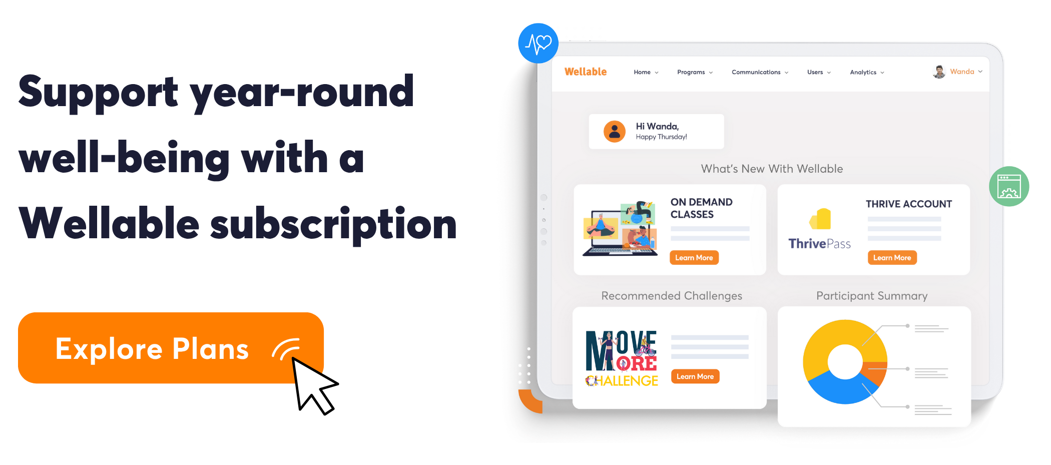 A graphic encouraging users to explore ongoing wellness options through Wellable’s Subscriptions, featuring a preview of the platform dashboard with on-demand classes, ThrivePass integration, program analytics and recommended challenges