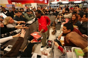 Shoppers overcrowding register portraying high demand 