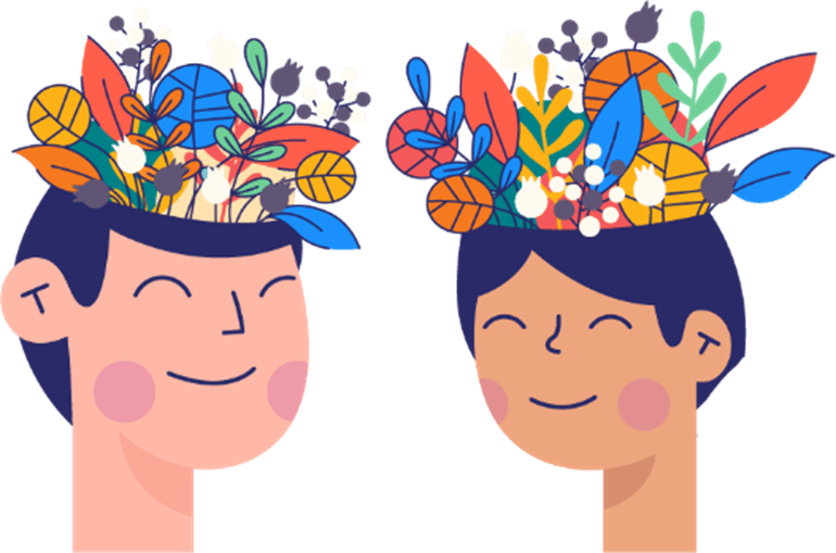 An illustration of two smiling people with colorful leaves and plants growing from their heads, symbolizing positive mental health, creativity, and emotional resilience.
