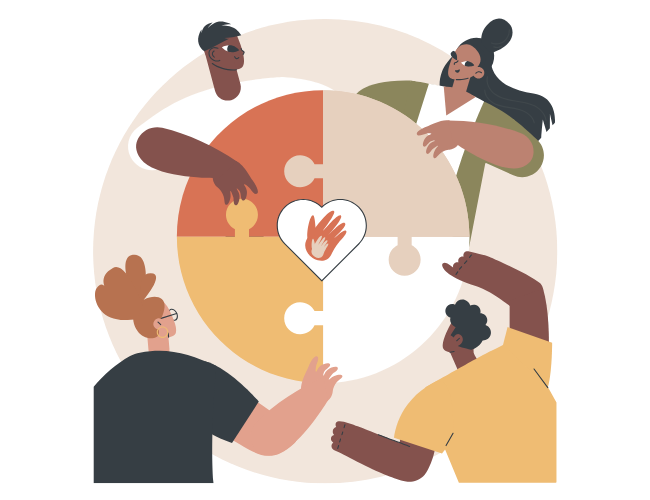 Illustration of four diverse individuals collaboratively placing puzzle pieces together, forming a complete circle with a heart and helping hands icon at the center, symbolizing how collective participation creates meaningful impact.