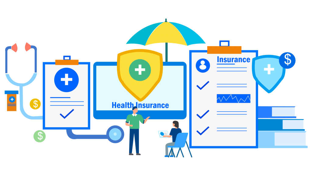 Illustration representing a virtual health fair, featuring digital health insurance forms, medical icons, and people interacting with devices. Elements like a stethoscope, shield, umbrella, and dollar signs highlight topics such as healthcare access, protection, and financial wellness in a digital setting.