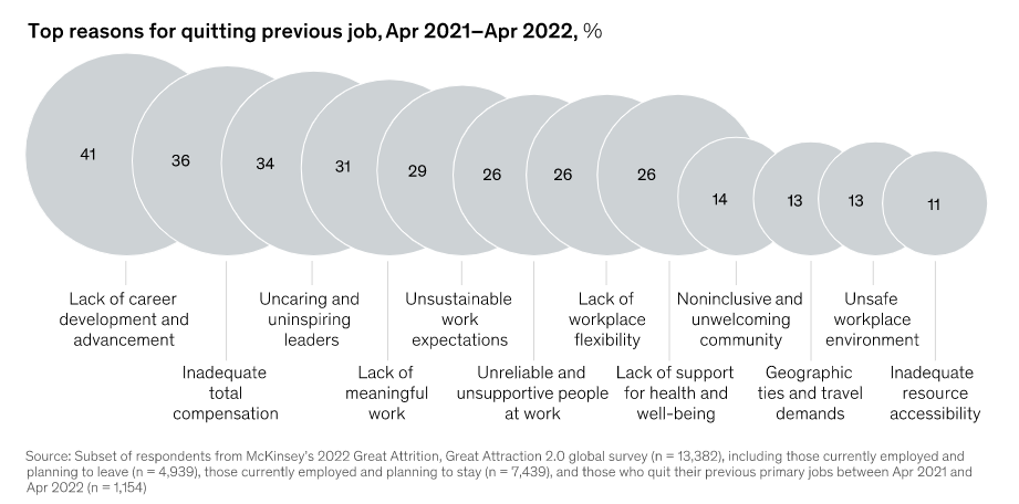 Top reasons for quitting previous jobs, Apr 2021-Apr 2022, % from McKinsey global survey