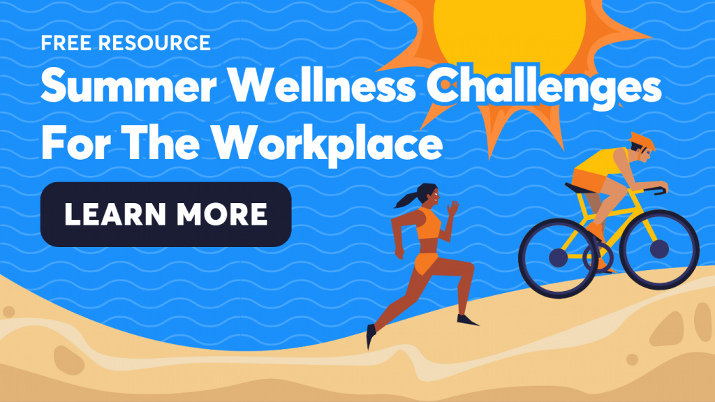 Promotional graphic for a free resource titled 'Summer Wellness Challenges for the Workplace', featuring a woman running and a man cycling on a beach under a bright sun with a 'Learn More' button.