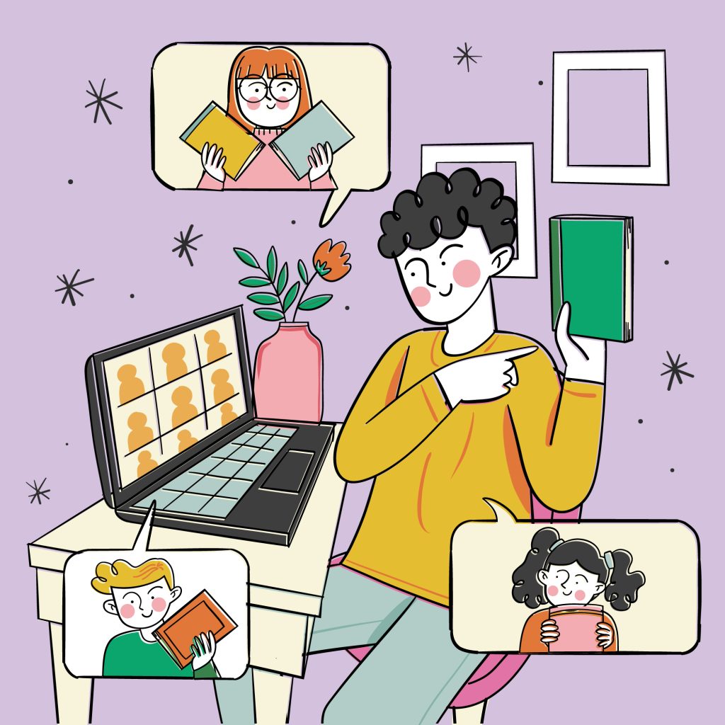 A cartoon illustration of a person holding a book and pointing at a laptop screen showing multiple participants, with speech bubbles displaying other members also holding books, representing a virtual book club meeting held online.