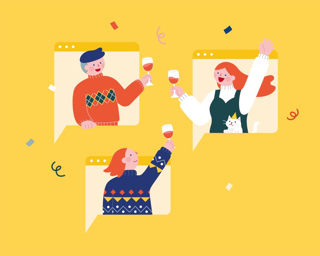 A cartoon illustration of three cheerful people each appearing in separate browser-style windows, raising glasses of wine toward each other with confetti in the background, representing a virtual happy hour celebration with remote colleagues.
