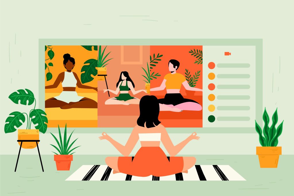 A cartoon illustration of a person sitting cross-legged in a meditation pose on a yoga mat at home, facing a large screen showing three other participants also meditating in a virtual mindfulness session, surrounded by houseplants.