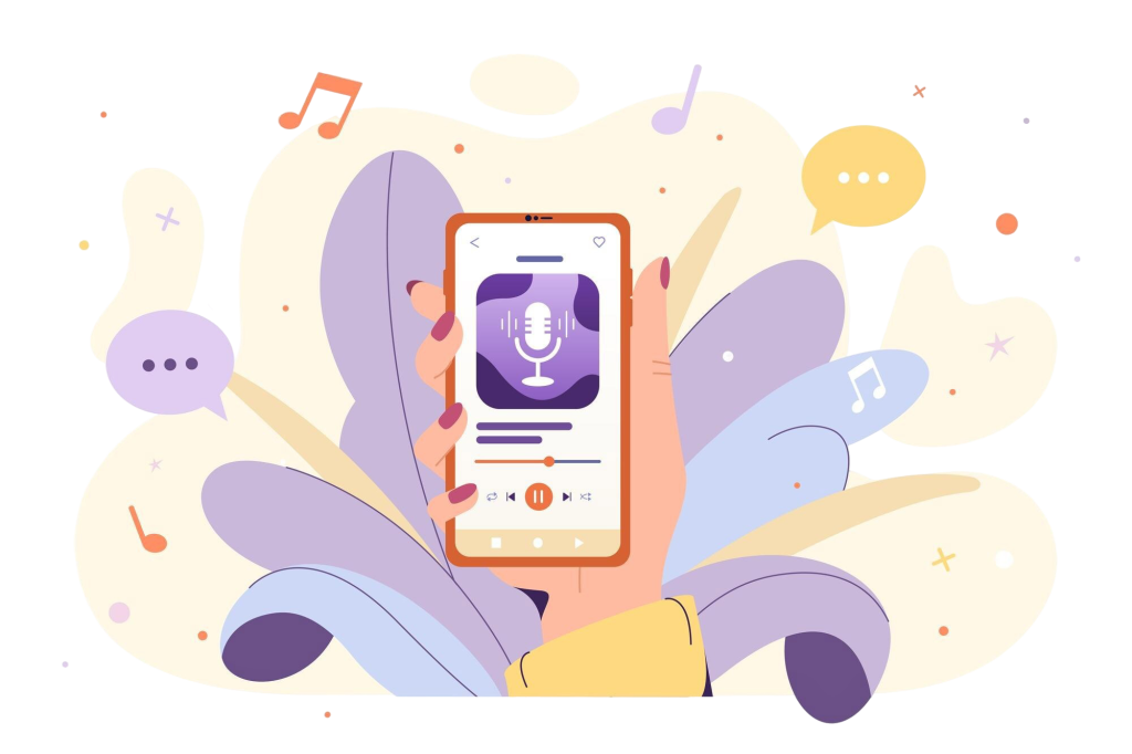 A cartoon illustration of a hand holding a smartphone displaying a music streaming app with a microphone icon, surrounded by floating music notes and chat bubbles, representing a virtual music jam or playlist exchange activity.
