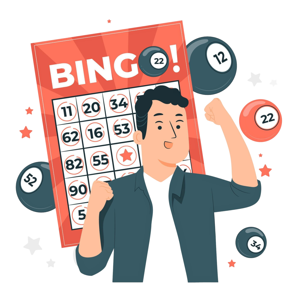 A cartoon illustration of an excited man celebrating with raised fists in front of a large bingo card, surrounded by numbered bingo balls, representing the fun and excitement of a virtual team bingo game.