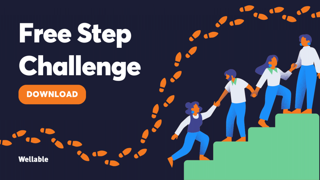 Illustration of four people holding hands and walking up stairs, with orange footprints creating a circular path around them. The text on the left reads “Free Step Challenge” with an orange “Download” button below. The background is dark blue, and the Wellable logo is in the bottom-left corner. The image promotes a wellness initiative focused on physical activity.