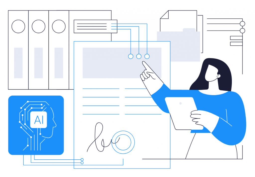 Illustration of a woman holding a tablet and pointing to a digital document interface, surrounded by file folders, binders, and an AI icon. Digital connections link data, signatures, and policies, symbolizing automated compliance tracking, policy updates, and document verification. Ideal visual for content on how AI streamlines regulatory compliance and policy governance in the workplace.