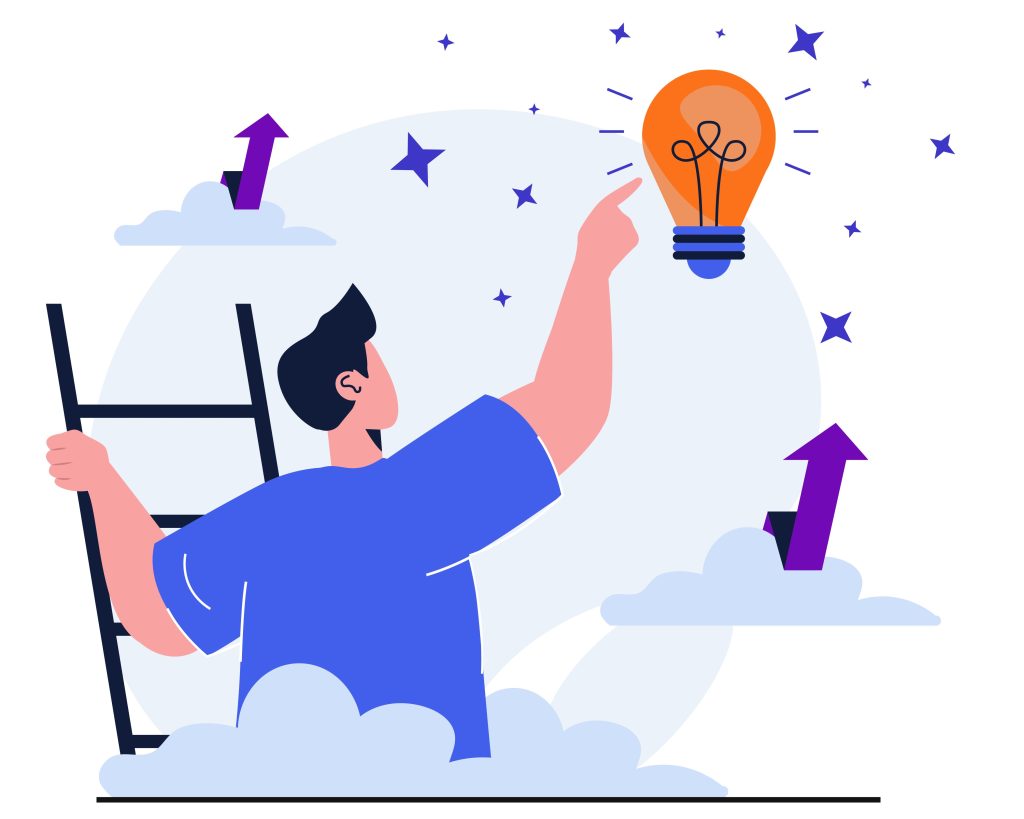 A cartoon illustration of a person climbing a ladder above the clouds and reaching toward a glowing lightbulb surrounded by stars and upward arrows, representing motivation, inspiration, and an ambitious mindset for starting the work week.