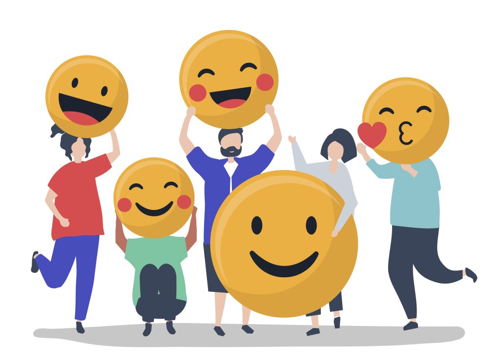 A cartoon illustration of five cheerful people holding up large yellow emoji faces with various happy expressions including laughing, smiling, and blowing a kiss, representing positivity, good morale, and an upbeat mindset in the workplace.