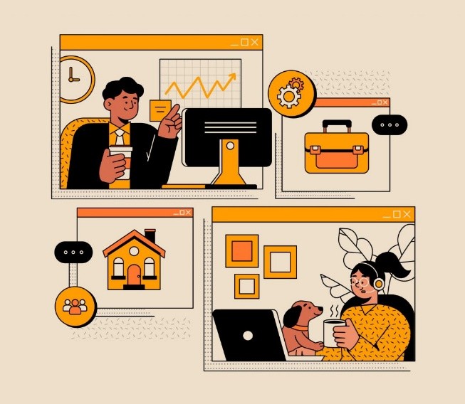 Illustration of two remote employees engaging in a virtual meeting. One person in business attire presents data on a screen, while the other, seated at home with a dog and a coffee mug, listens attentively. Icons of a house, briefcase, chat bubbles, and gear surround the virtual windows, symbolizing work-from-home collaboration and digital connectivity.
