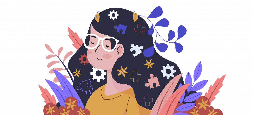 An illustration of a smiling woman with puzzle pieces, gears, and symbols in her hair, surrounded by colorful leaves and flowers, representing mental health, problem-solving, and emotional well-being.