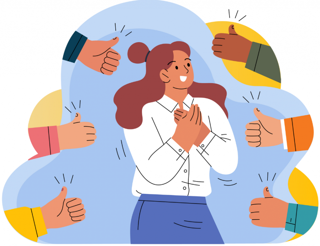 A woman smiling with her hands clasped over her chest is surrounded by multiple hands giving thumbs-up gestures, symbolizing recognition and appreciation.
