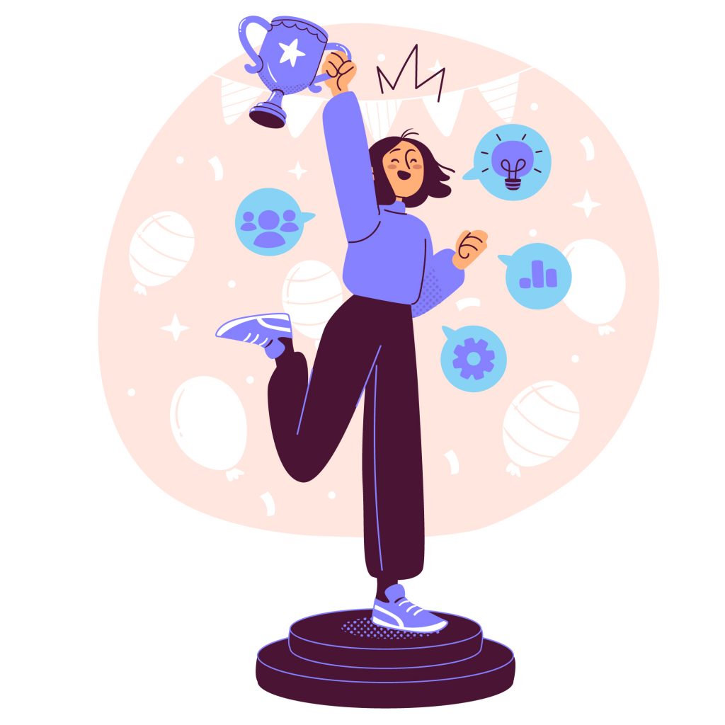 A joyful person standing on a podium, holding a trophy with a crown above their head, surrounded by icons representing ideas, teamwork, and achievement, symbolizing employee recognition and success.