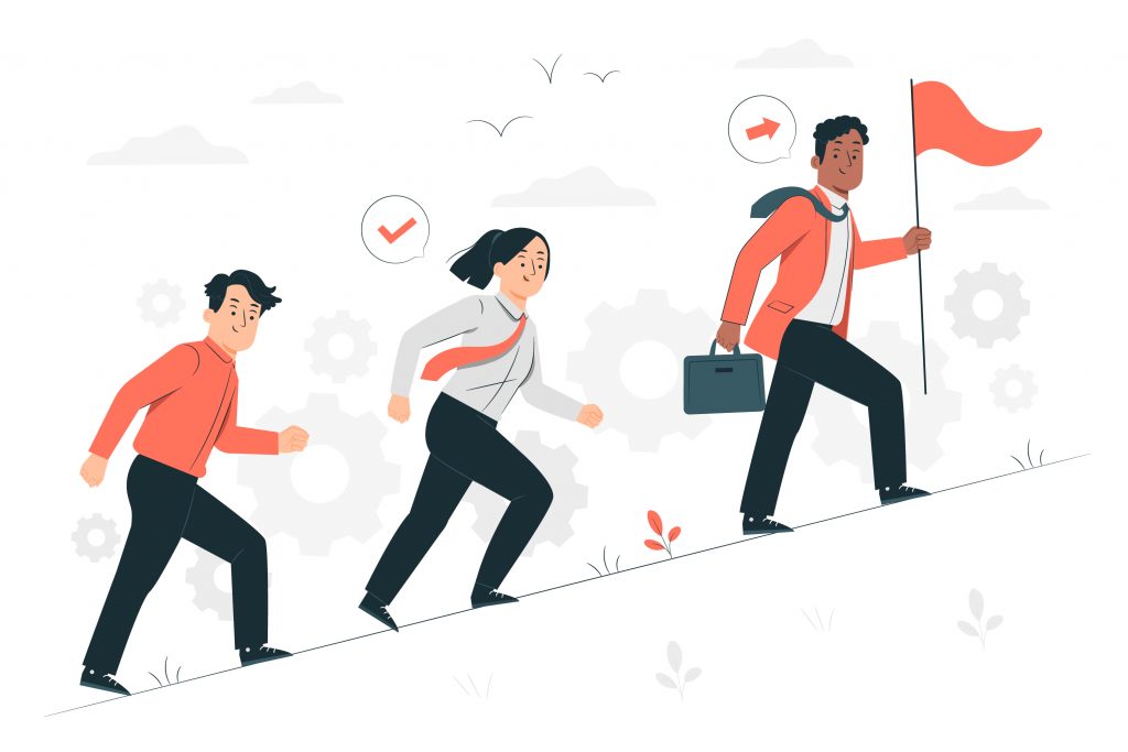 An illustration of three professionals climbing uphill together, led by a person holding a red flag, symbolizing career development, leadership, and progress toward goals.