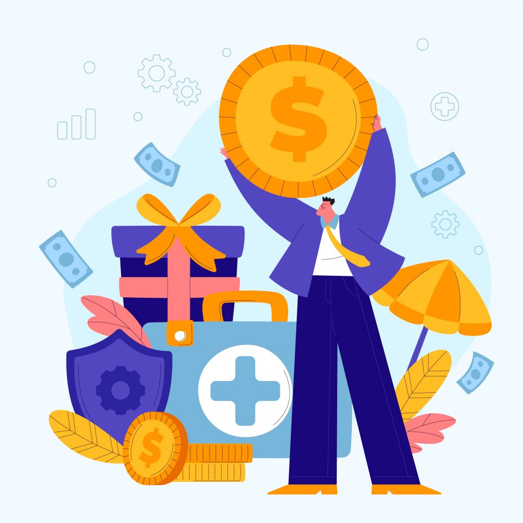A cartoon illustration of a person holding up a large gold coin, surrounded by icons representing employee benefits costs including a medical kit, insurance shield, gift boxes, an umbrella, and floating dollar bills and coins.