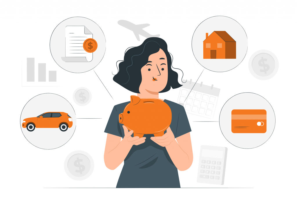 An illustration of a woman holding a piggy bank, surrounded by icons representing financial responsibilities and goals such as housing, transportation, bills, travel, credit, and budgeting.