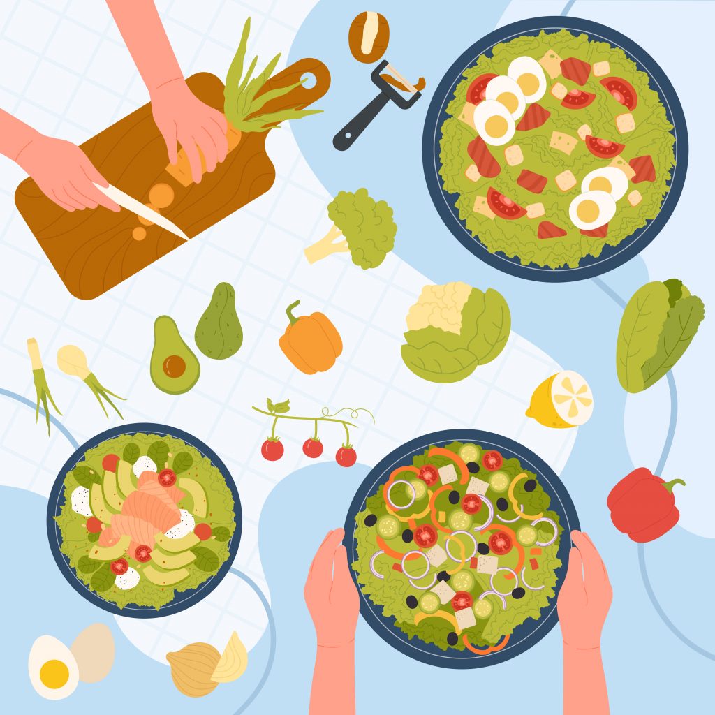 People prepare healthy meal with a variety of vegetables such as tomatoes, avocados, lettuce with salmon and eggs