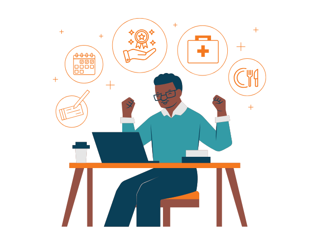 A happy person sitting at a desk with a laptop, surrounded by icons representing workplace incentives such as healthcare, paid time off, recognitions, meals and vouchers.