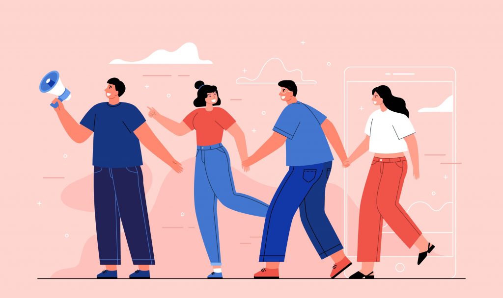 An illustration of smiling people walking, symbolizing connection, communication, and movement.
