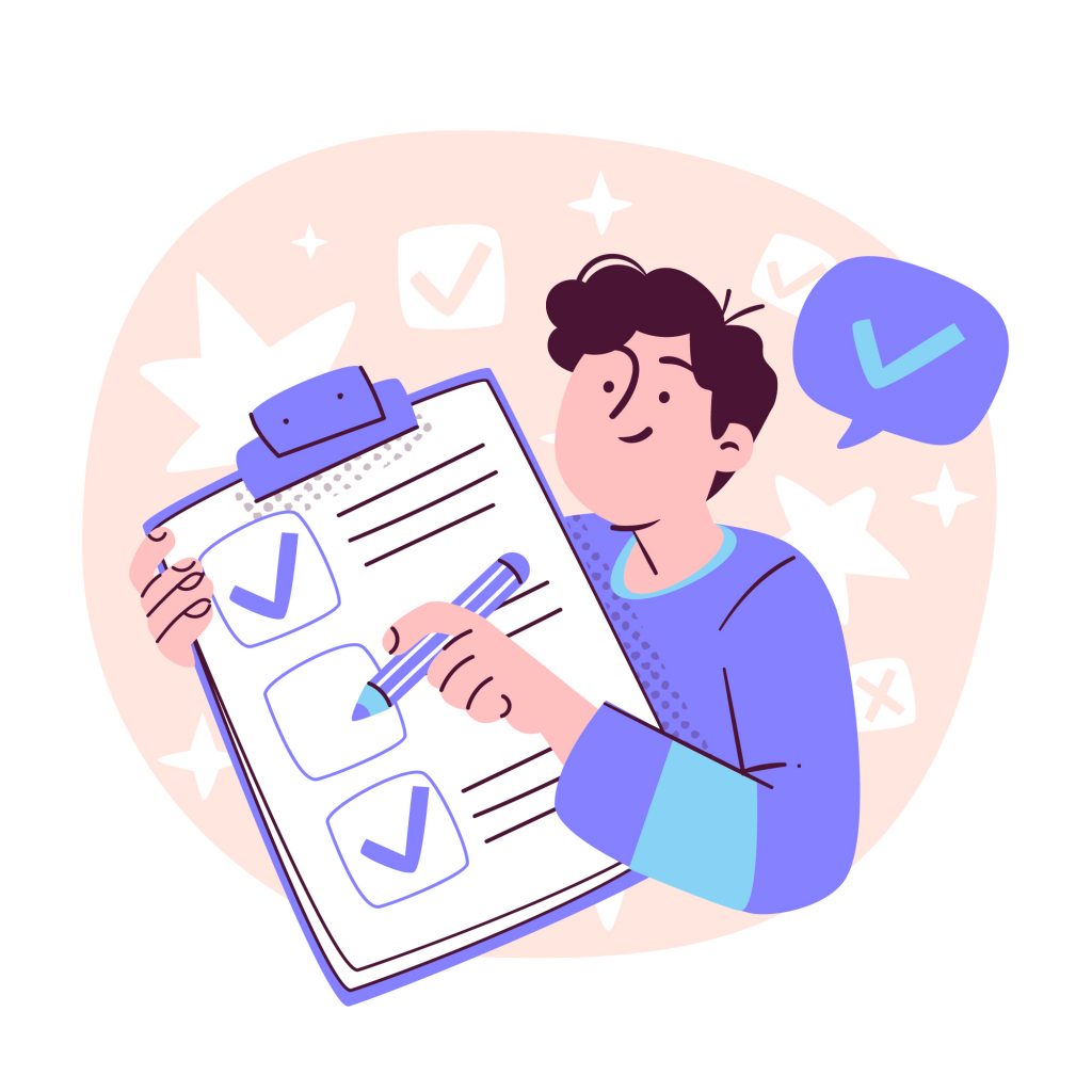 An illustrated person holds a large checklist clipboard, marking off items with a pencil