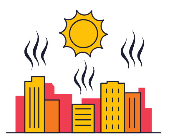 Illustration of a city under extreme heat, with stylized sun and heat waves rising from buildings, symbolizing the impact of hot weather on urban areas.