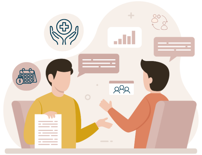 Illustration of corporate wellness consultant presenting wellness program, employee health benefits, analytics, team engagement, and communication.