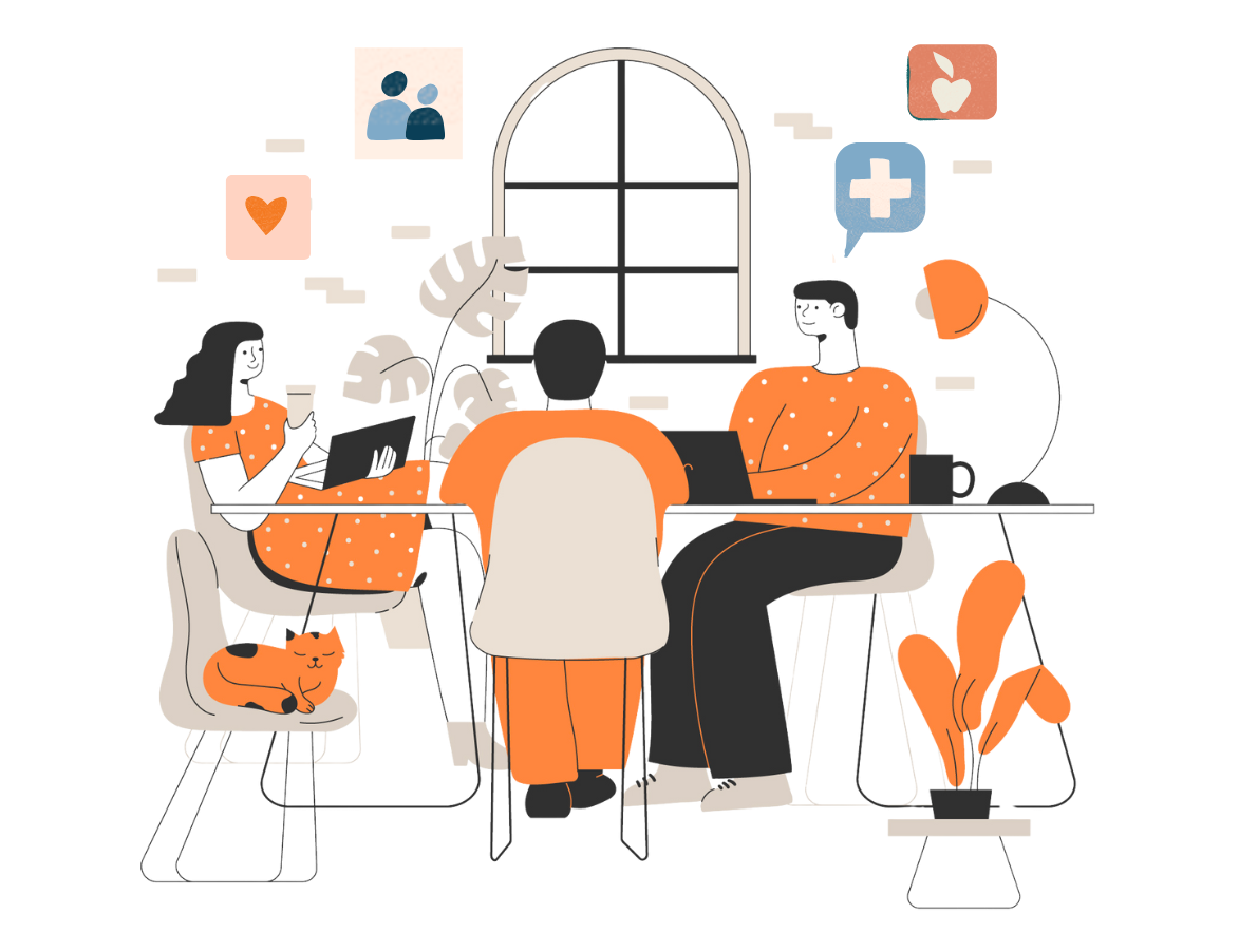 A diverse group of people gathered around a table in a cozy, plant-filled room, discussing wellness topics, with icons representing health, nutrition, and employee engagement.