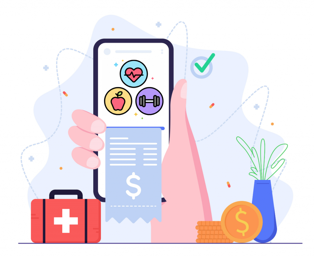 A hand holding a smartphone displaying icons for wellness, nutrition, and fitness, with a digital receipt and dollar sign, symbolizing health-related expenses. Surrounding elements like a first aid kit and coins suggest managing healthcare costs and wellness activities.