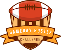 A graphic featuring a football above a shield with the text ‘Gameday Hustle Challenge’ on a banner.