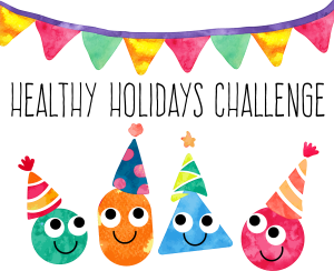 Colorful illustration of smiling shapes wearing party hats under a string of festive pennant flags, with the text ‘Healthy Holidays Challenge’.