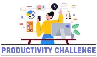 Illustration of a person at a desk with charts, graphs, and icons representing tasks and communication, with the text ‘Productivity Challenge’ below.
