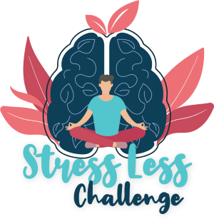 Illustration of a person meditating in front of a brain with pink leaves, with the text ‘Stress Less Challenge’ below.
