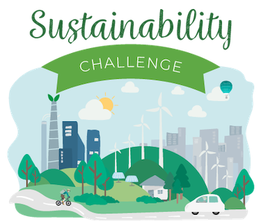 Illustration of a cityscape with wind turbines, trees, and eco-friendly elements, with the text ‘Sustainability Challenge’ above.
