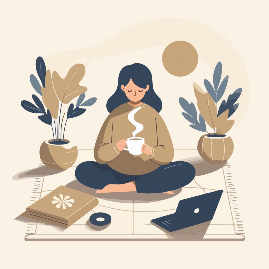 Illustration of a person sitting cross-legged on a rug, holding a steaming cup, surrounded by houseplants, a book, and an open laptop in a calm indoor setting. The scene conveys a quiet moment of mindfulness.