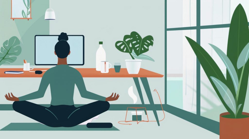 Illustration of a person meditating cross-legged on the floor in front of a desk with a computer, plants, and workspace items, creating a calm home office environment. The scene emphasizes balance between mindfulness and work in a serene, plant-filled setting.