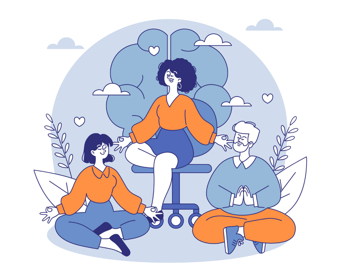 Illustration of three coworkers practicing mindfulness together at work, seated cross-legged and meditating in a calm, supportive environment. The scene highlights workplace well-being, inclusivity, and shared moments of mindfulness.