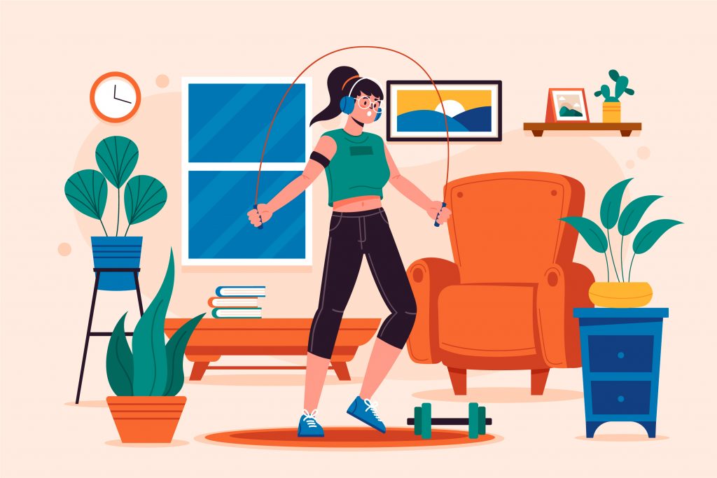 Illustration of a woman exercising at home by jumping rope in a cozy living room with plants and natural light. The scene represents sustainable healthy habits by integrating regular physical activity into a comfortable everyday home environment.