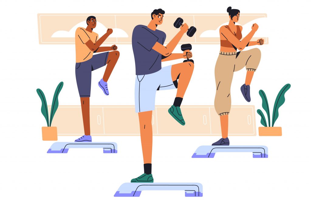 Illustration of a diverse group participating in on-demand fitness classes, performing step and strength exercises with dumbbells on aerobic platforms. The workout happens indoors, highlighting virtual, instructor-led home workouts focused on cardio and strength training.