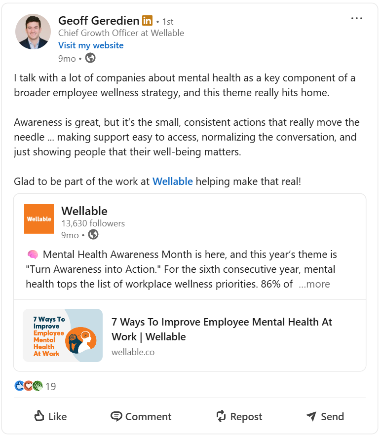 Screenshot of a LinkedIn post by Geoff Geredien, Chief Growth Officer at Wellable, discussing mental health as a key part of employee wellness and highlighting Mental Health Awareness Month, with a shared Wellable article titled “7 Ways To Improve Employee Mental Health At Work.”