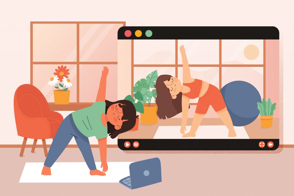 A colorful illustration of a person following along with an online fitness class on their laptop, mirroring a yoga instructor on screen who is demonstrating a standing side stretch, set in a cozy home environment with plants and warm-toned furniture.