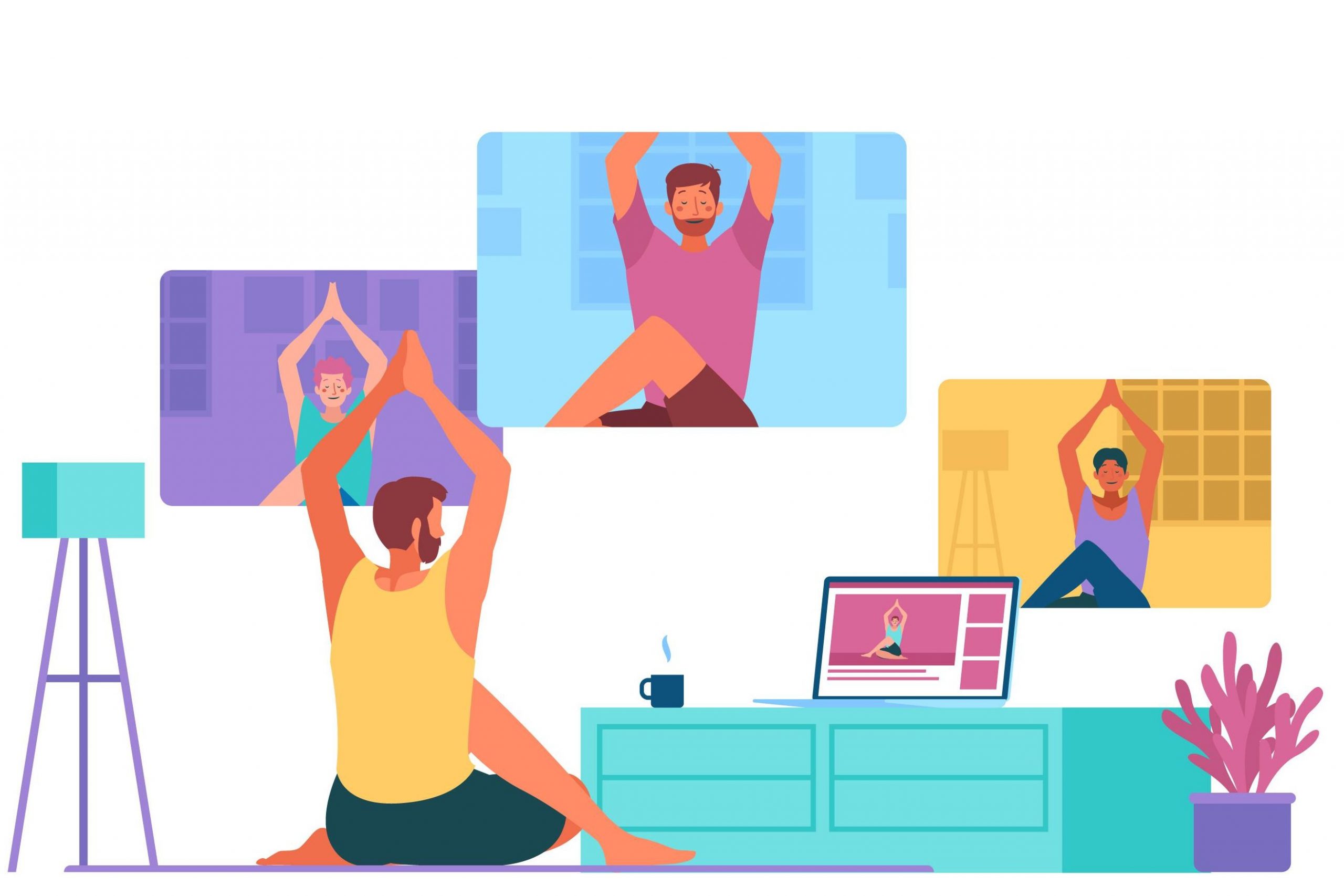A colorful illustration of a person doing meditation at home in front of a laptop, with three virtual video call windows showing other participants joining the online meditation session from their own homes.