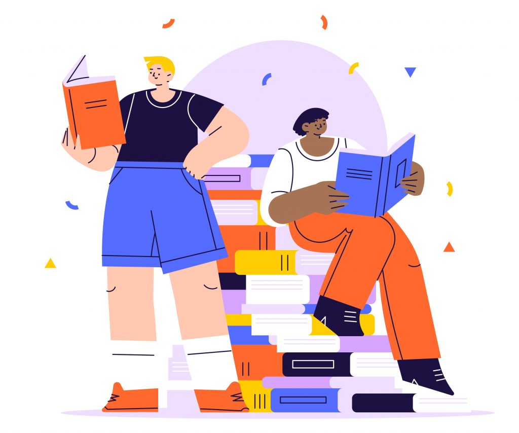 Two people enjoying books — one standing and holding an open orange book, the other sitting on a colorful stack of books reading a blue book — surrounded by scattered geometric shapes in a vibrant, illustrated style.