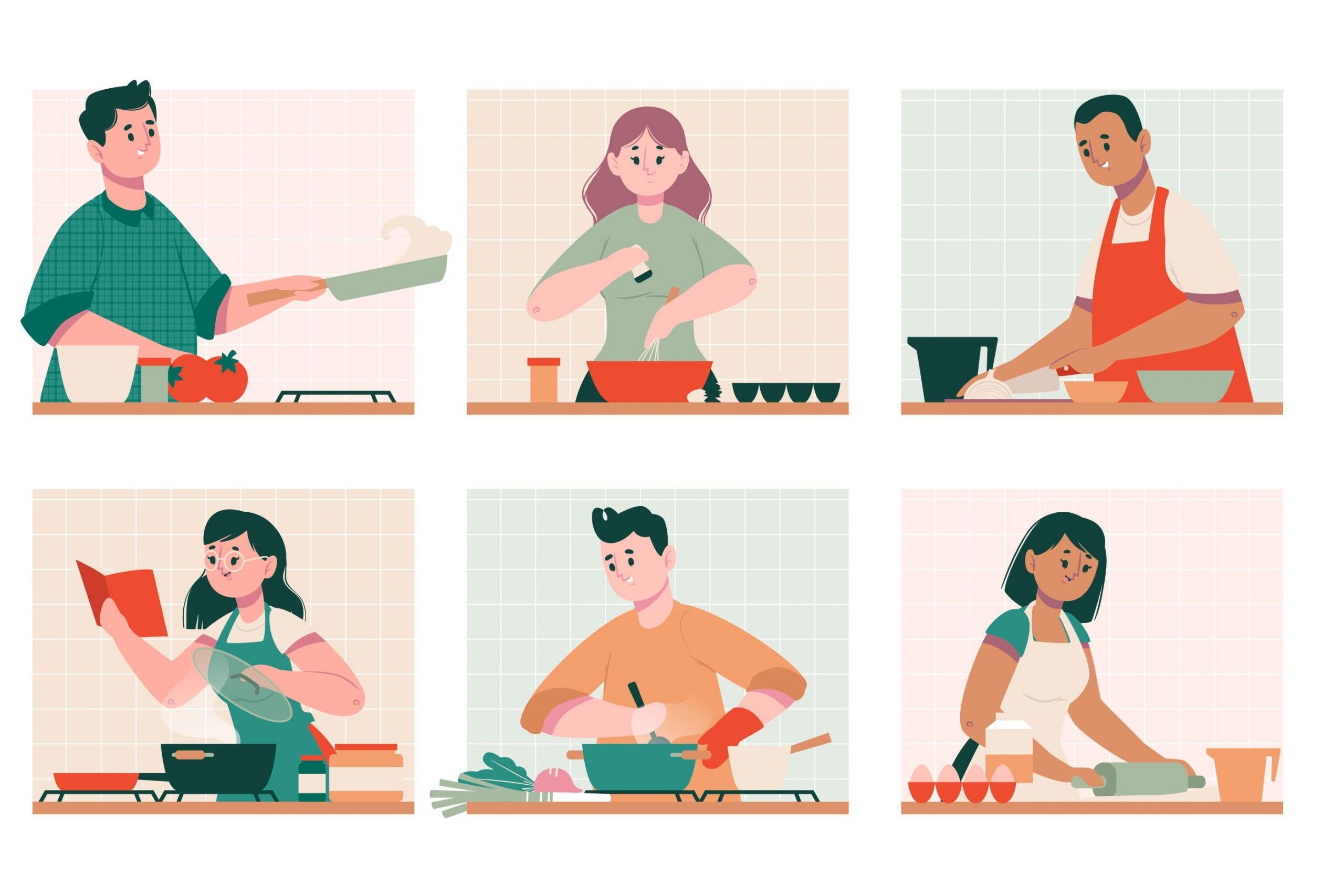 A colorful illustration of six diverse people each cooking in their own kitchen, depicted in a grid of panels showing various culinary activities such as chopping vegetables, whisking batter, stirring a pot, and rolling dough — representing a virtual team cooking class.