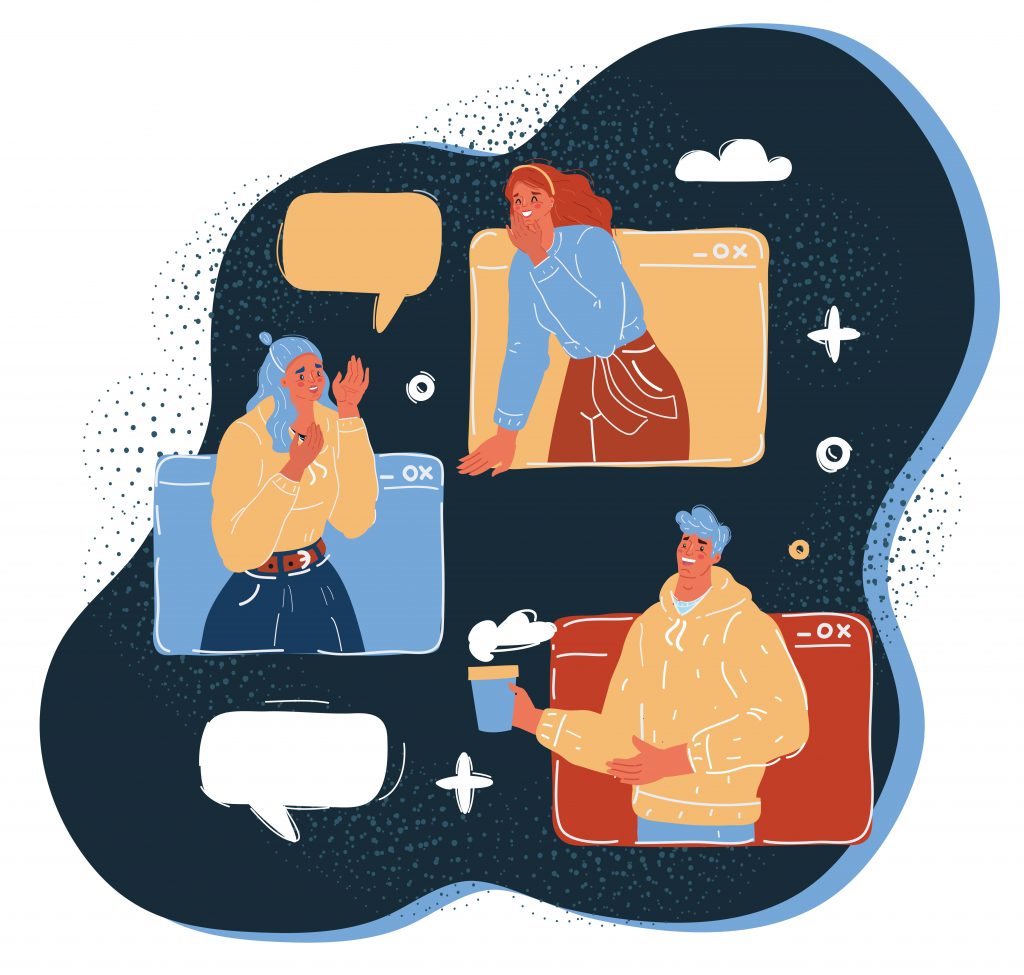 A colorful illustration of three people connected through separate video call windows against a dark background, with speech bubbles indicating lively conversation — depicting a casual virtual coffee chat, with one participant holding a warm beverage.