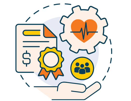 An icon illustration of a hand supporting a collection of wellness program symbols, including a heart rate monitor inside a gear, an award badge, a group of people, and a financial document, representing the key components of a workplace wellness program.