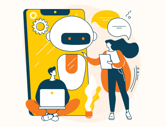 A cartoon illustration of two people interacting with a large AI robot emerging from a smartphone screen, with one person working on a laptop and another holding a tablet, representing the use of AI-powered tools in a digital hiring or recruitment process.