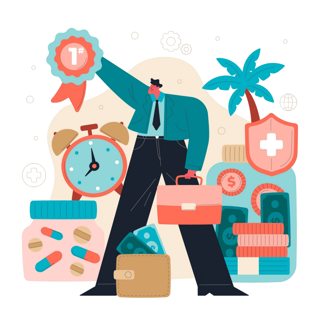 A cartoon illustration of a businessman holding a briefcase and a number-one award badge, surrounded by icons representing employee health benefits including medication, a health insurance shield, stacks of coins and cash and an alarm clock.